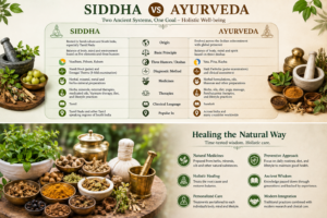 Siddha vs Ayurveda comparison showing origins, doshas, diagnostic methods, medicines, therapies, education paths, and treatments