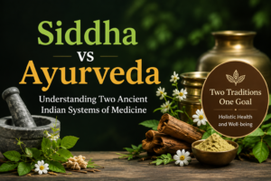 Siddha vs Ayurveda banner showing two traditional Indian systems of medicine and holistic health