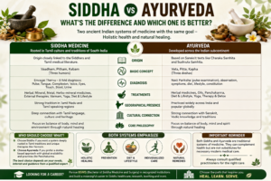 Siddha vs Ayurveda comparison showing differences in origins, principles, diagnosis and treatments