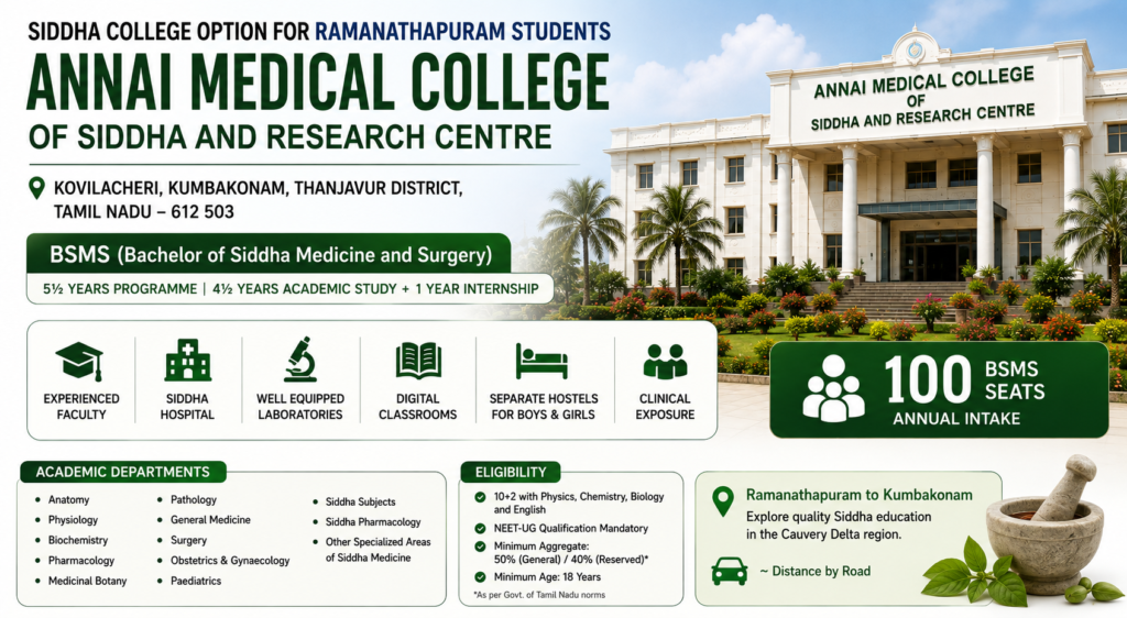 Annai Medical College of Siddha and Research Centre in Kovilacheri, Kumbakonam, offering BSMS education for students from Ramanathapuram