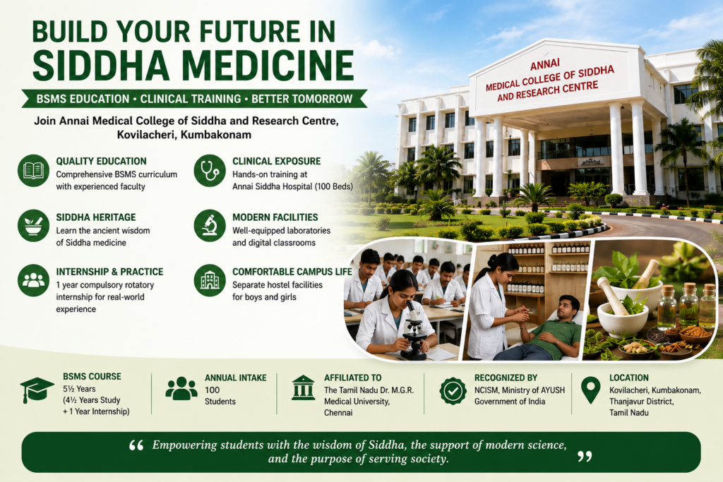 Annai Medical College of Siddha and Research Centre campus promoting BSMS admission and Siddha medical education