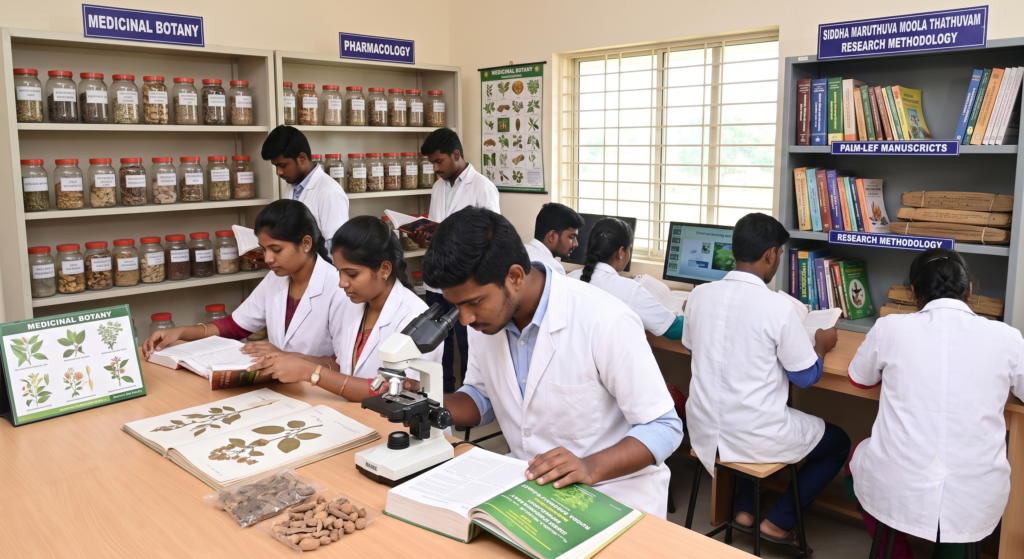 BSMS students engaged in botanical research and microscopy at the Medicinal Botany lab of Annai Medical College near Nagapattinam.