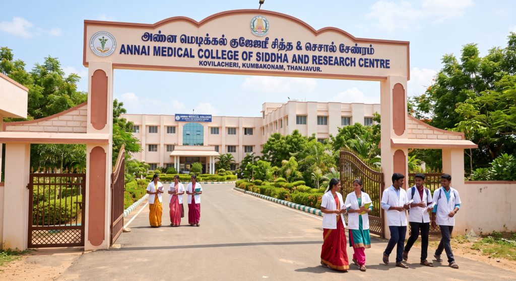 Exterior landscape view of the main entrance archway and academic building of Annai Medical College of Siddha and Research Centre in Kovilacheri, Kumbakonam.
