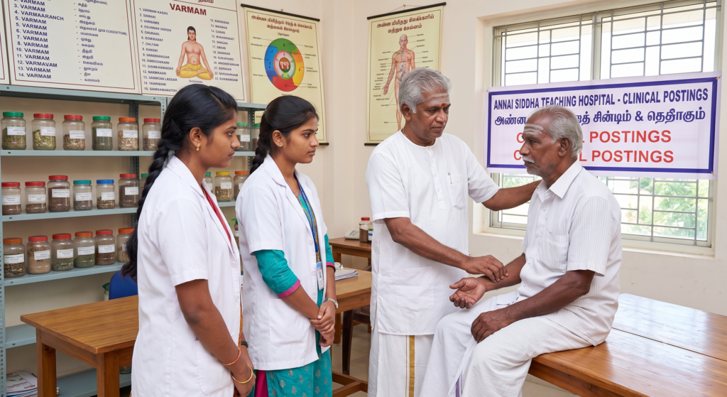 Siddha medical students observing a senior physician perform pulse diagnosis (Naadi Parikshai) on a patient in the OPD clinic of Annai Siddha Teaching Hospital.