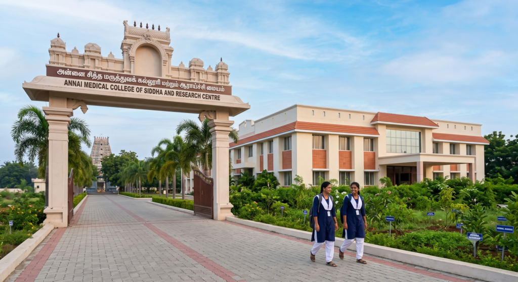 A landscape photograph taken early in the morning, showing the entrance and the modern two-story academic building of the Annai Medical College of Siddha and Research Centre in Kovilacheri, near Kumbakonam, Thanjavur district.