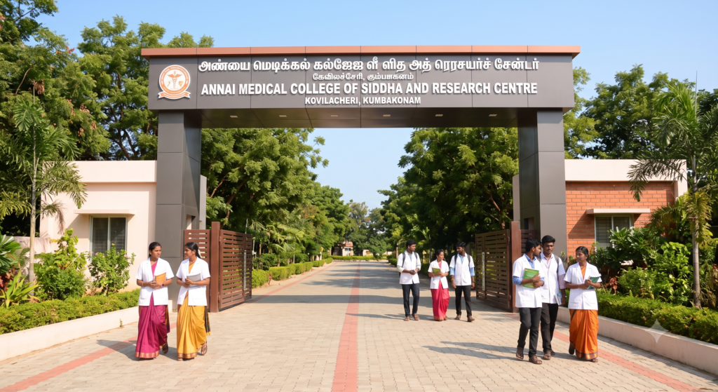 Exterior landscape view of the main entrance gate and academic building of Annai Medical College of Siddha and Research Centre in Kovilacheri near Kumbakonam.