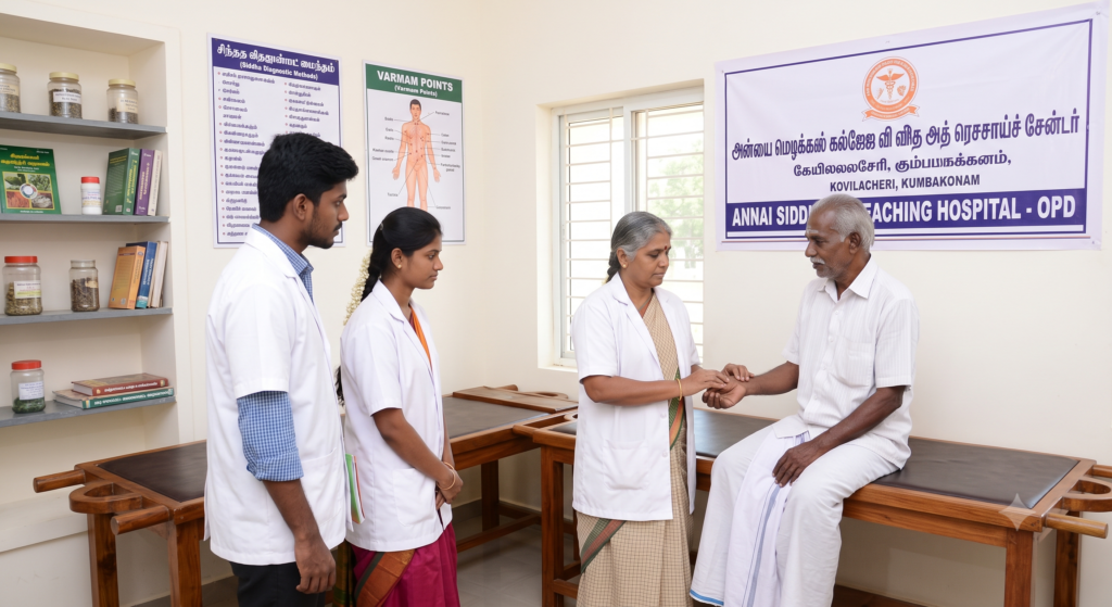 Siddha medical students observing pulse diagnosis (Naadi Parikshai) conducted on a patient by a senior doctor at Annai Siddha Teaching Hospital.