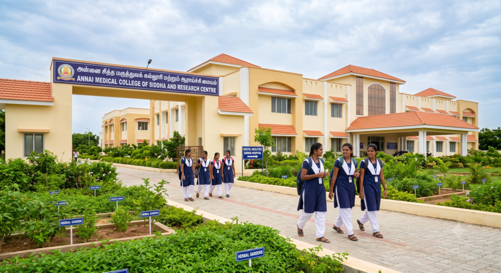 A landscape photograph capturing the entrance to the Annai Medical College of Siddha and Research Centre