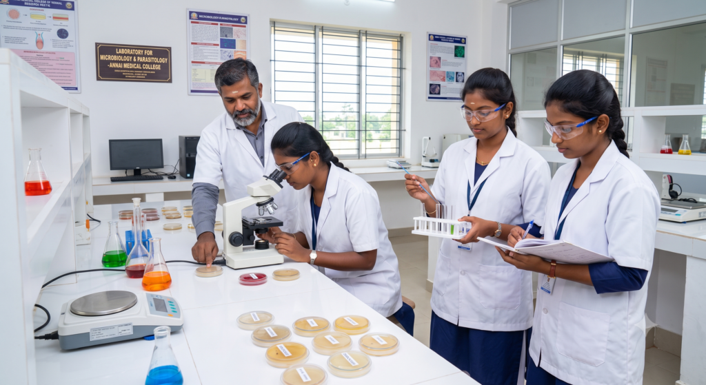A documentary-style close-up photograph taken inside a modern, well-equipped microbiology laboratory of the Annai Medical College.