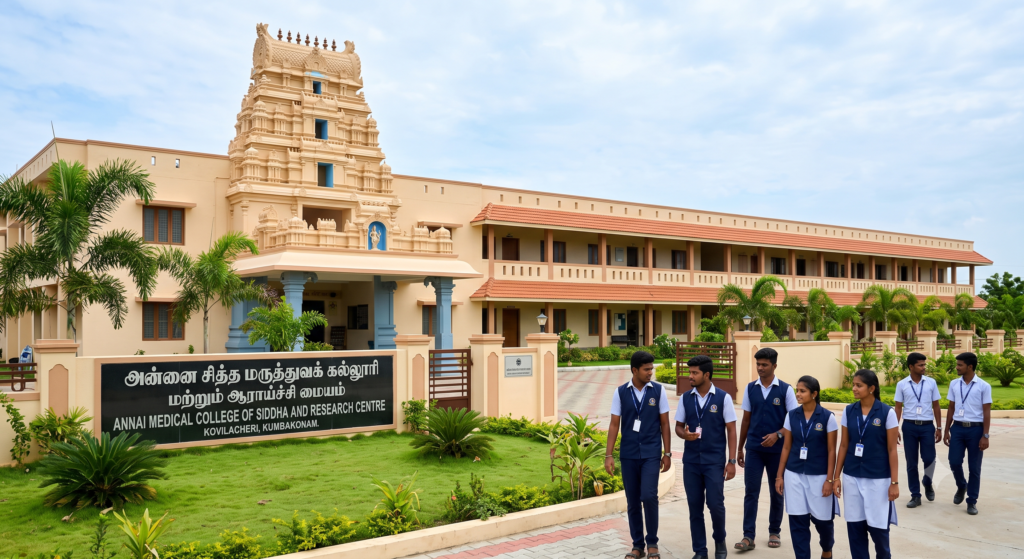 A wide-angle landscape photograph capturing the main entrance and facade of the Annai Medical College of Siddha and Research Centre in Kovilacheri, Kumbakonam.