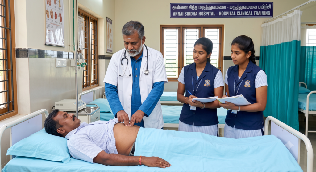 A documentary-style interior photograph capturing a clinical training session inside the 100-bed Annai Siddha Hospital