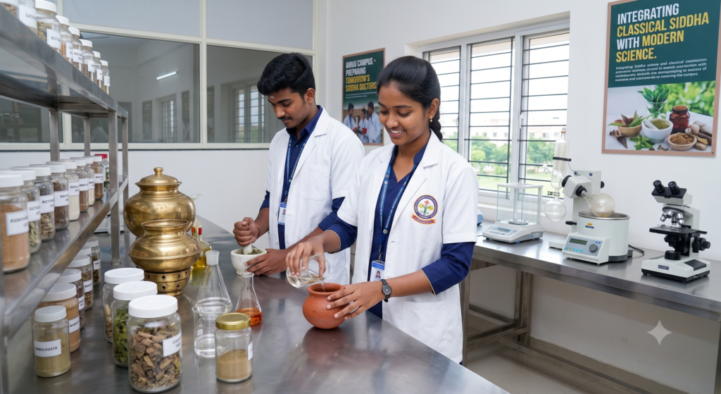 Focused close-up photograph of a female student in a white lab coat over a blue kurta, carefully preparing medicine at a modern workstation in the Siddha Pharmacology Lab at Annai Medical College, Kumbakonam.