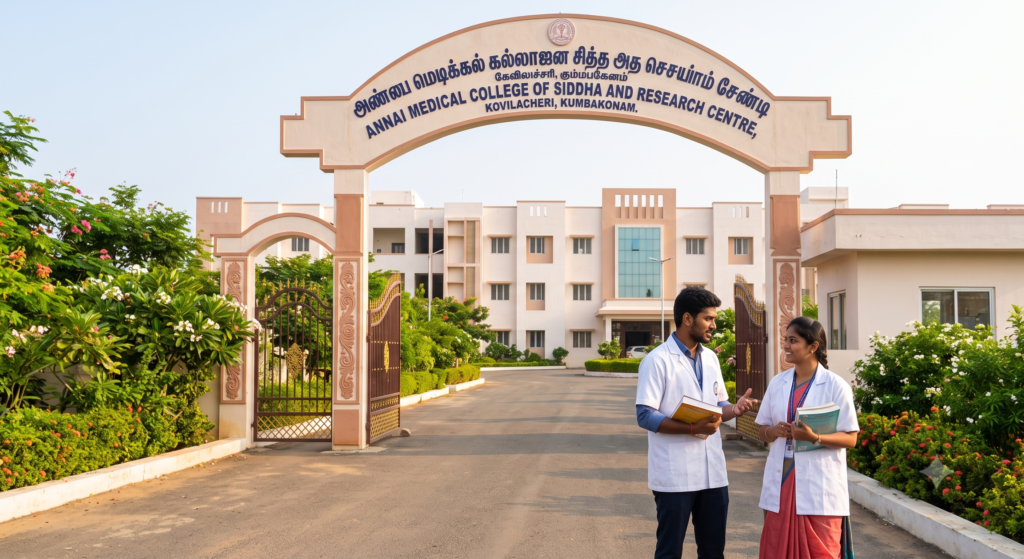 Exterior landscape view of the main entrance gate and academic building of Annai Medical College of Siddha and Research Centre