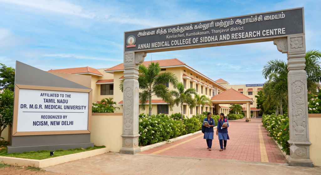 Landscape photograph of the modern Annai Medical College of Siddha and Research Centre entrance in Kovilacheri, Kumbakonam.