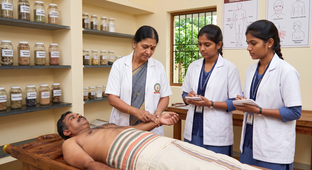 Interior close-up photograph of a clinical training session at Annai Medical College. A senior female faculty member demonstrates Varma therapy techniques on a patient’s wrist.