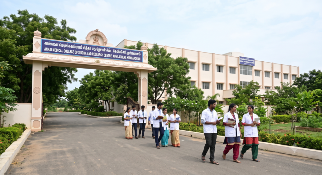 Exterior landscape view of the main entrance gate and academic building of Annai Medical College of Siddha and Research Centre in Kovilacheri near Kumbakonam.