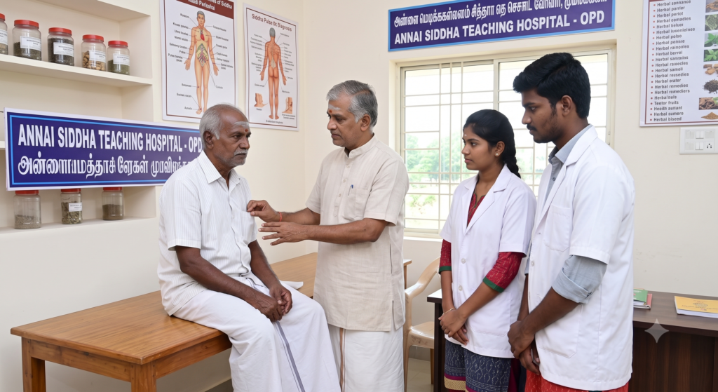 Siddha medical students observing pulse diagnosis (Naadi Parikshai) conducted on a patient by a senior doctor at Annai Siddha Teaching Hospital.