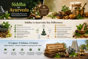 Siddha vs Ayurveda comparison showing their origins, key differences, treatments, and career options such as BSMS and BAMS